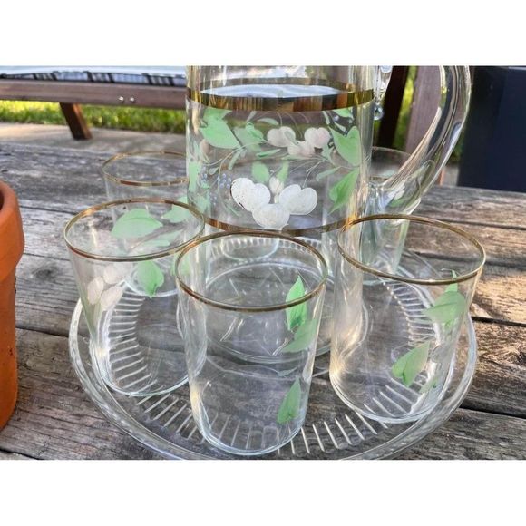 Vintage Handblown Glass Serving Set Jug & 6 Glass Hand Painted with Tray Gold Ri - Picture 4 of 10